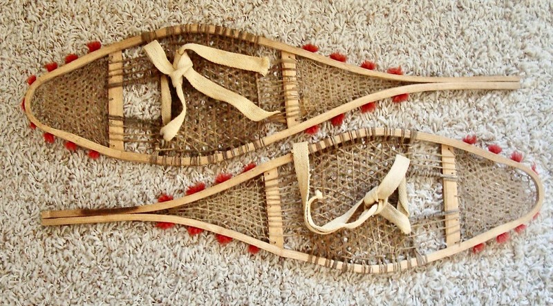Vintage Native American made snowshoes with pom poms, 1940s-1950s