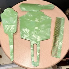 Vintage Vanity Set Celluloid Bakelite Green 4 Piece Set Wilcox EUC