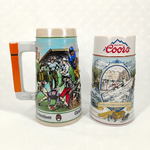 Vintage Beer Steins Budweiser Football 1990 & Coors Rocky Mountain Legend 1992