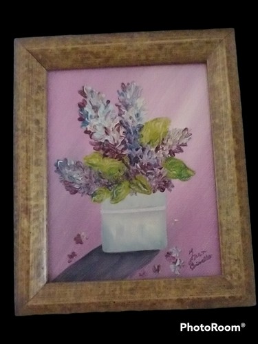 Vintage kleiner handgemalter Kunst lila Blumenstrauß gerahmt Künstler signiert Mexiko 4"x5"