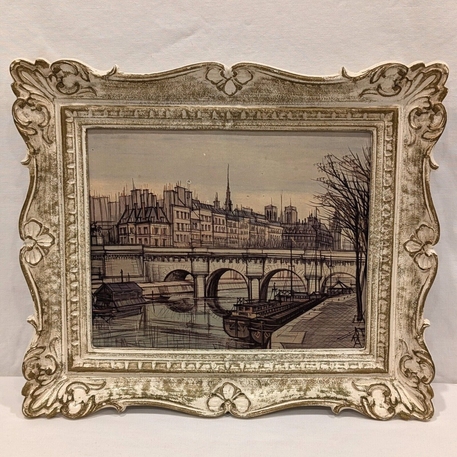 Vintage Paris Bridge On The River Seine Framed Lithograph Pr