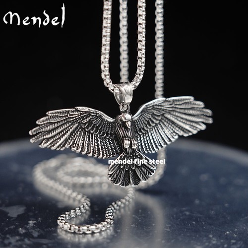 MENDEL Stainless Steel Mens Norse Viking Odin Raven Crow Biker Pendant Necklace - Picture 1 of 9