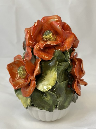 Vintage Keramik Blume Capodimonte Stil Made in Italy Orange Rot Figur Blumenstrauß - Bild 3 von 12