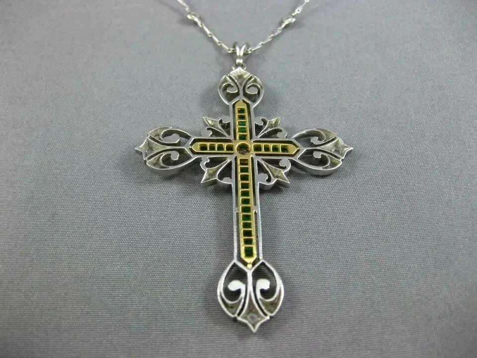 Кулон в стиле ар-деко с крестом 3 карата созданный в лаборатории изумруд/бриллиант 18 дюймов покрытие белым золотом 14 карат - Изображение 3 из 4