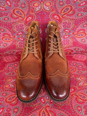 Kunsto Men's Brown Genuine Leather Oxford Ankle Boots Size 9.5