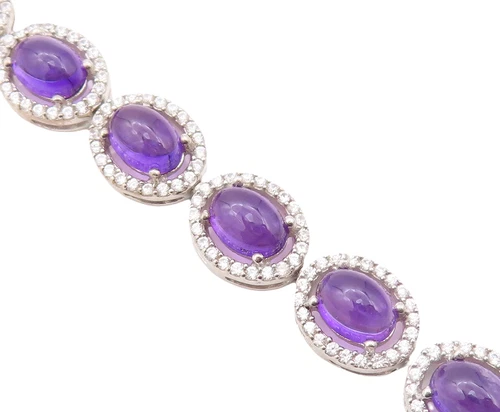 925 Sterling Silver Vintage Bracelet Oval Cabochon Amethyst Halo Topaz  BT10878