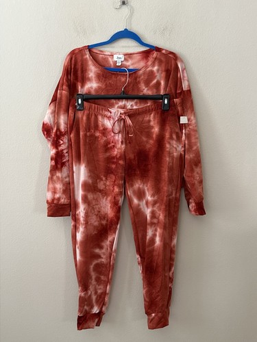 NWT! JENNI Women's Sz L Tie Dyed Long Sleeves Scoop Neck Jogger Pajama Set Mauve - Picture 4 of 6