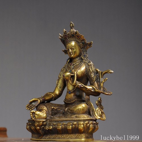 8" Old Tibet Buddhism Temple Bronze Gilt gem inlay green Tara Bodhisattva Statue - Picture 2 of 9