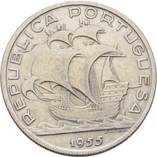 Portugal 10 Escudos 1955 Silver 12.6g Original Ship Coin #KQZ68