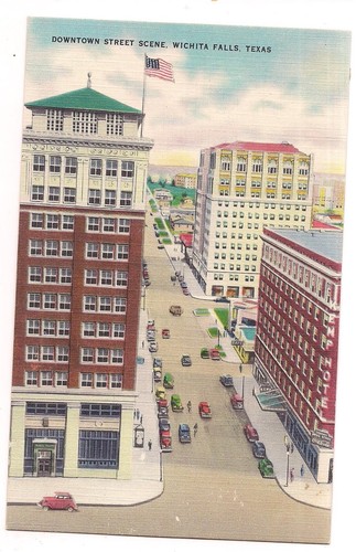 Aerial View DOWNTOWN City 8th STREET SCENE Wichita Falls Texas Postcard TX Linen - Picture 1 of 2
