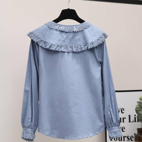 Women Retro Lolita Lace Blouse Shirt Peter Pan Collar Loose Top Ruffle Frill - Picture 12 of 15