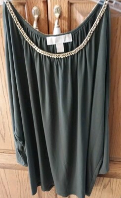 Michael Kors Dark GreenShirt with Gold Chain Neck and cold shoulder sleeves
