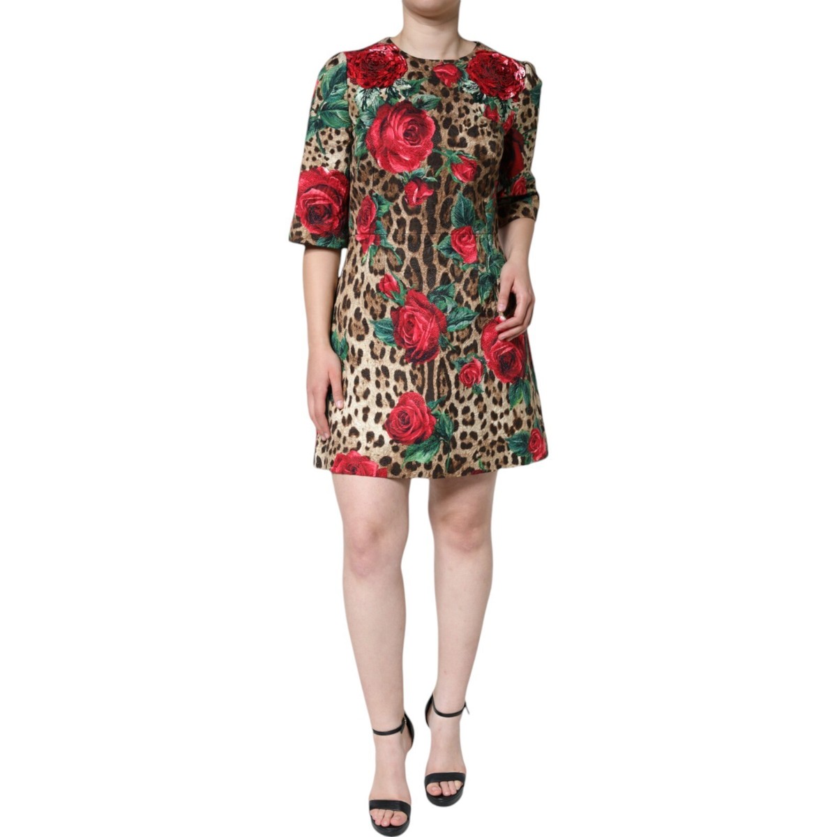 DOLCE & GABBANA Dress Brown Leopard Red Roses Cotton A-line DOLCE & GABBANA Dress Brown Leopard Red Roses Cotton A-line