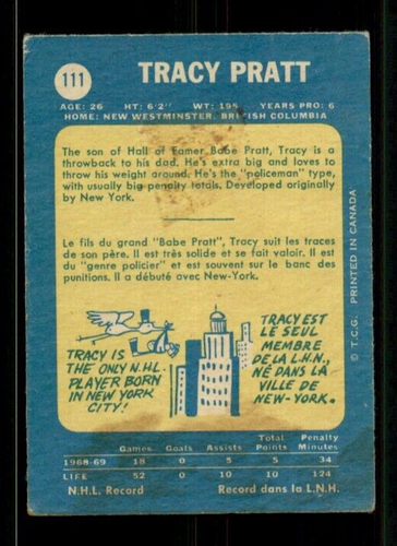 1969-70 O-Pee-Chee #111 Tracy Pratt RC VG BACK ISSUE - Picture 2 of 2