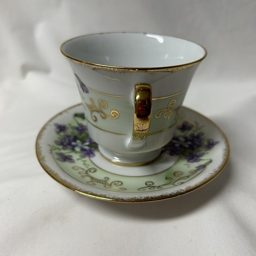 Vintage Inarco Japan Bone China Cup & Saucer Violets Green With Gold Rim #E-3966 - Picture 2 of 9