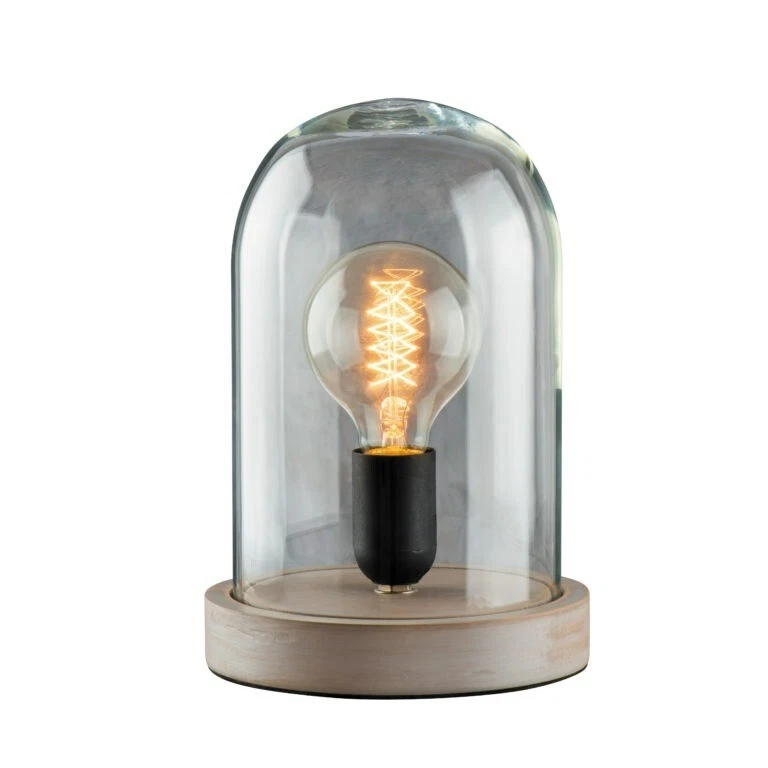 Glass Dome Cloche Table Desk Lamp Light Modern Industrial Wooden Base E27 Upton