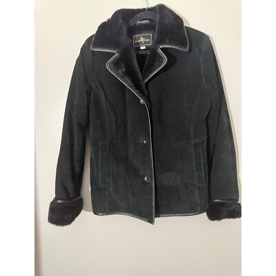 Womens Brandon Thomas Suede Jacket Faux Fur Collar Trim Black Button Up Medium