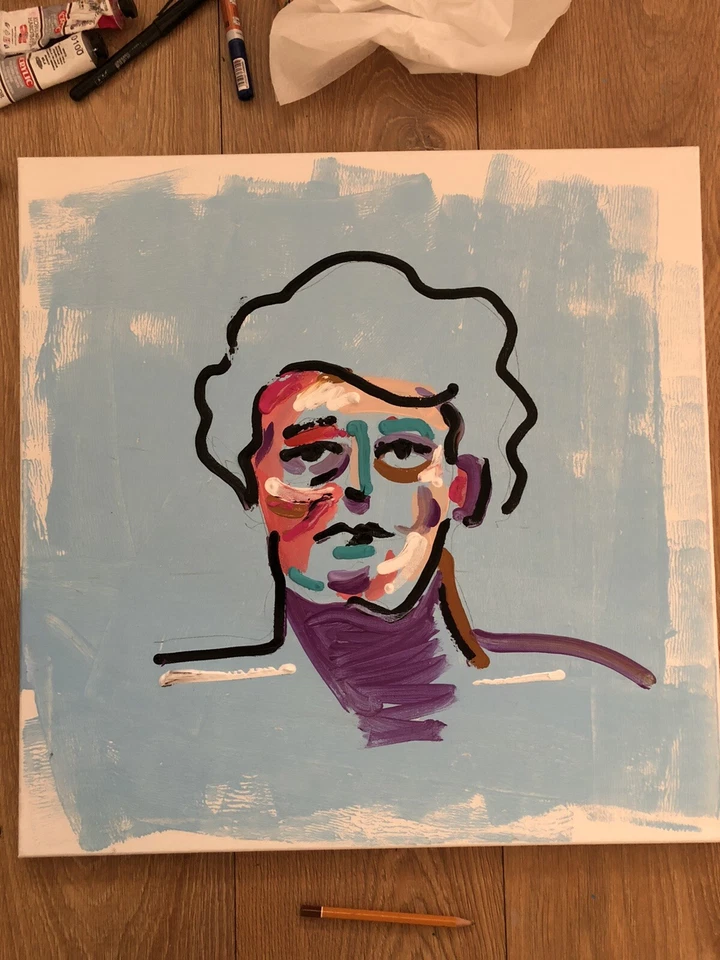 Pintura estilo retrato moderno sobre lienzo obra de arte cubista mínima psicodélica Foto 3 de 3