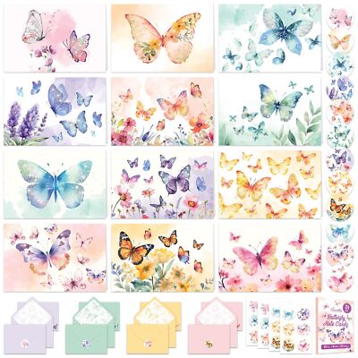 Decorably 24 Pack Butterfly Note Cards with Envelopes & Stickers - 12 Designs...