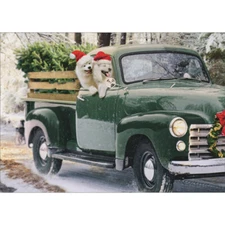 Two Fluffy White Dogs in Window of Green Pickup Truck Pack of 10 Christmas Cards