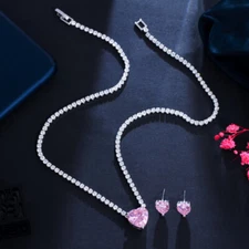 Pink Heart Choker Necklace and Earrings Silver Plated Cubic Zirconia Jewelry Set