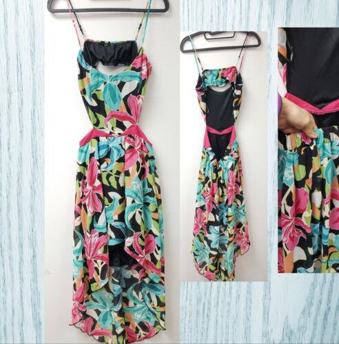SALE*NEW~WINDSOR~TROPICAL FLORAL ON BLACK~HIGH LOW~CUT OUT BACK~Dress—SZ SMALL S