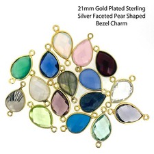 Birthstone Pear Connector,Bezel Gemstone Gold Plated Sterling Silver 2 Pcs 