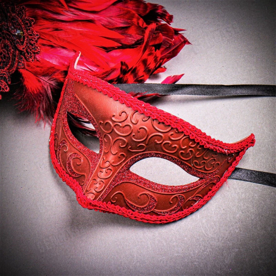 Hombres Mujeres Fiesta Pareja Mascarada Máscaras Top Pluma Veneciano Fantasma Máscara Rojo Foto 3 de 3