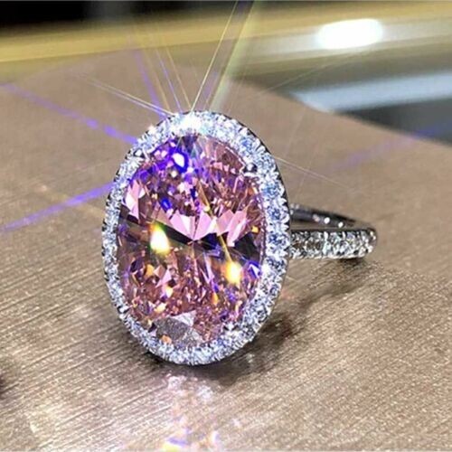 3Ct Oval Lab Created Pink Sapphire Halo Women Ring 14K White Gold Plated - Picture 4 of 11