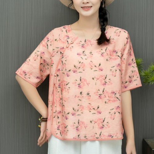 Womens Retro floral Printed Cotton Linen Tops Shirt Round Neck Short Sleeves New - Picture 4 of 44