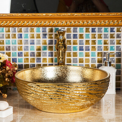 Bathroom Gold Ceramic Basin Vessel Sink Mixer Faucet Tap Pop-up Drain Deck Mount