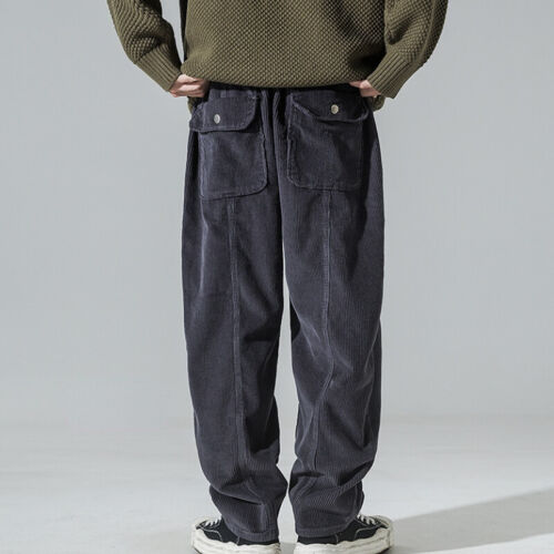 Men Casual Corduroy Baggy Pants Wide Leg Elastic Waisted Loose Fit Trousers Chic - Picture 7 of 10
