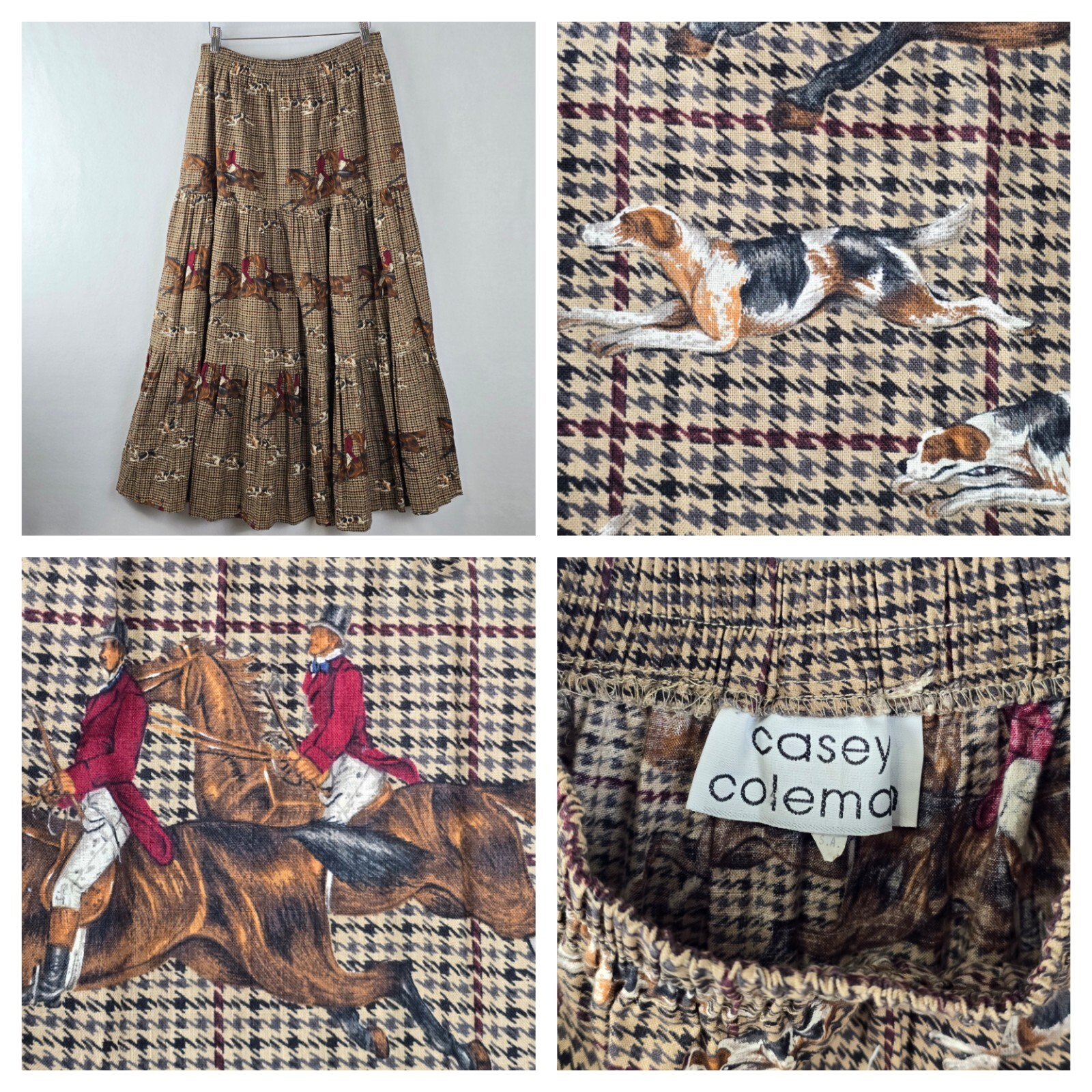 Vtg Casey Coleman Equestrian Horse Houndstooth Tiered Midi Skirt Sz L Full Swing