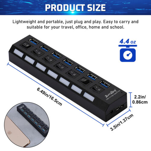 Hub USB 3.0 7 Porte Interruttore On/Off Sdoppiatore Alta Velocità Cavo Adattatore AC PC Portatile - Foto 10 di 15