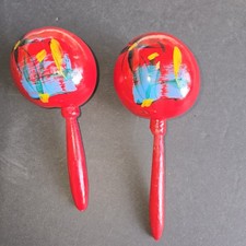 Vintage Mexican Hand-Painted Signed Wood Maracas Set- 8  