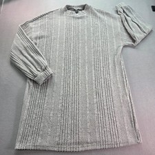 Gray Ribbed Knit Long Sleeve Sweater Dress Crew Neck Oversized Size L Coated