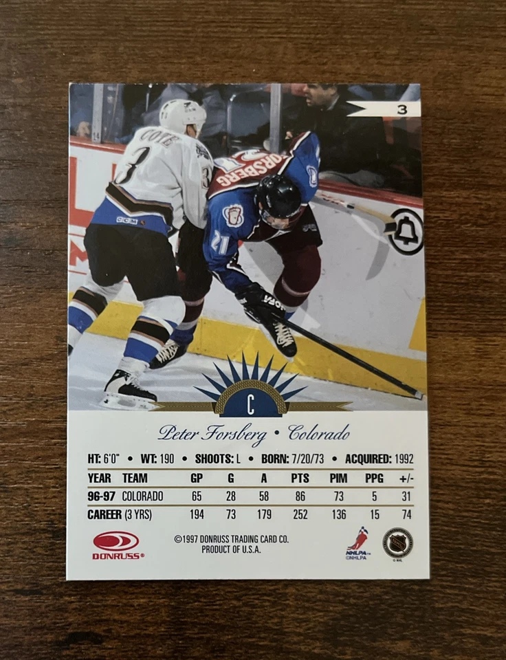 1997-98 Leaf International Stars Peter Forsberg #3 Colorado Avalanche HOF - Image 2 of 2