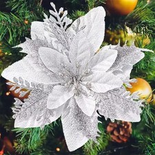 20 Artificial Poinsettia Flowers Christmas Tree Decor Glitter Xmas Ornaments
