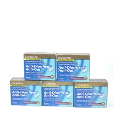 READ! EXP! 5 Pack GoodSense Multi-Symptom Anti-Diarrheal/Anti-Gas Caplets 12 Ct