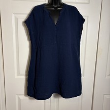 MIchael Stars 100% Cotton Gauze Dress Women L Blue Oversized Pockets Lagenlook