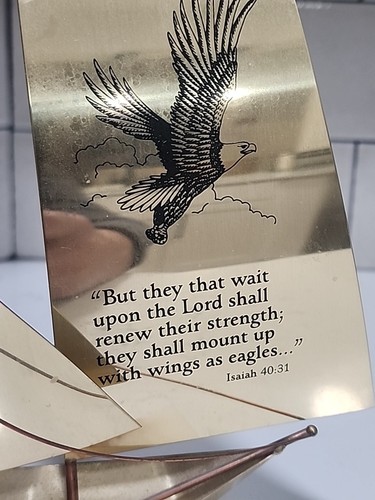 Brass & Copper Sail Boat Sculpture on Marble Base Eagle. Bible Verse. - Picture 2 of 4