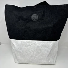 Lululemon Big Reusable Shopping Tote Bag Black White Logo 15”x17”