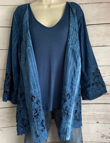 Soft Surroundings Shirt/Jacket and Tank 2 Pc Set Large Teal Blue Crochet Trim - Picture 5 of 12