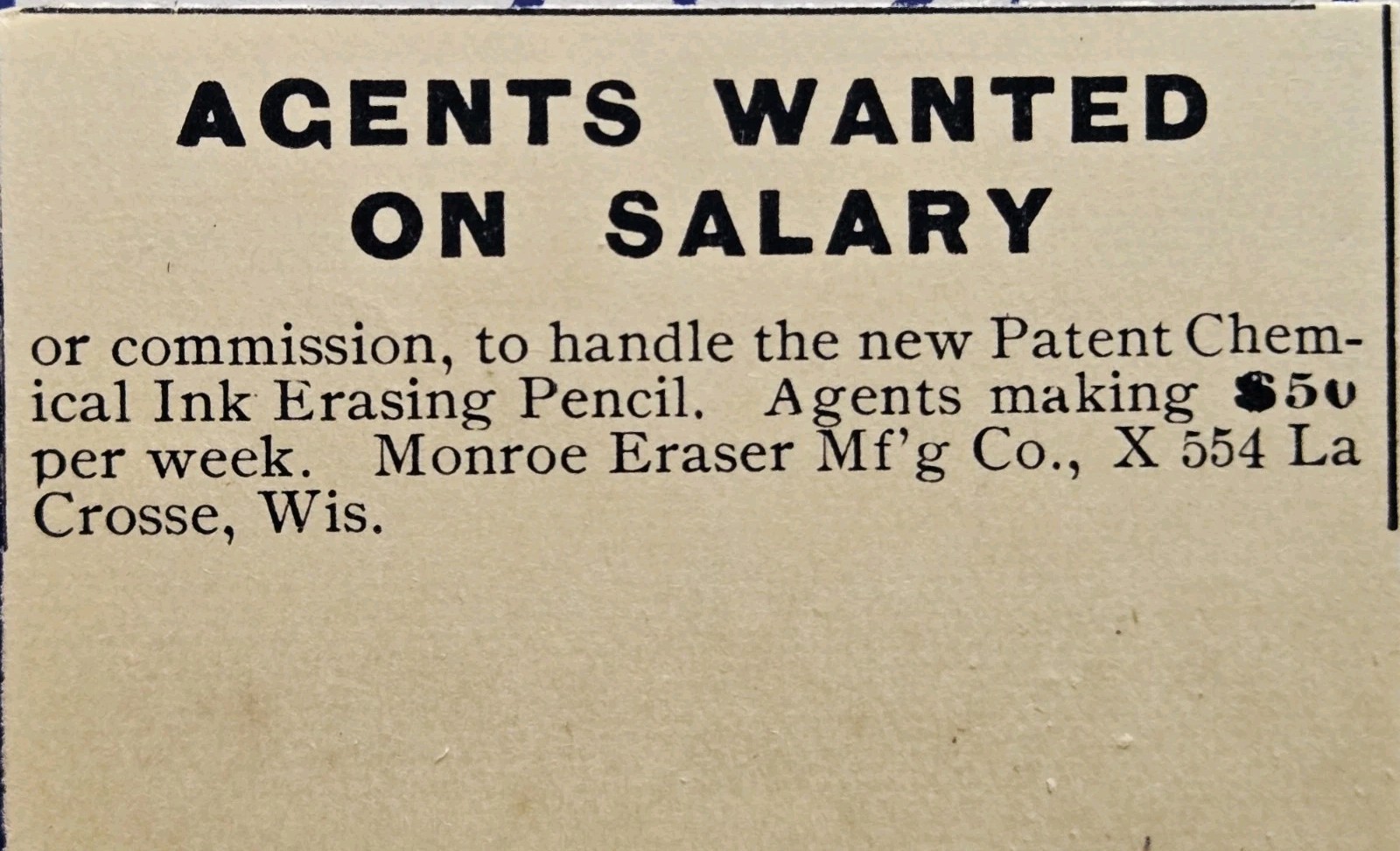 1893 Monroe Eraser Mfg Co Print Ad - Agents Wanted Chemical Ink Erasing Pencil