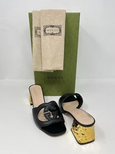 Gucci Interlocking GG Logo Découpé Slides Sandales Talons Cuir Noir Or 36 6