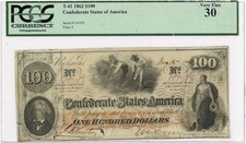 1862 $100 Confederate States of America Note T-41 PCGS VF 30