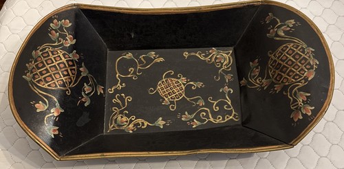 Antique Vtg Tole Bread Basket Tray Hand Painted Decorated 14” X 8” Oval Black - Picture 5 of 5