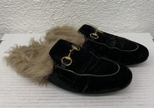 GUCCI Black Velvet Princetown Mule Horsebit Fur Loafers EU 36 US 6 BB10