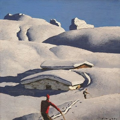 Alfons Walde :Skiers at the Alpine Pasture : Winter Landscape Art Print 1935