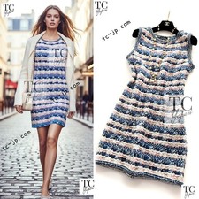 $3.8K CHANEL 15C Blue Ivory Pink Multicolor Border Knit Dress 36 US4